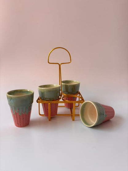 Studio Pottery Sage Green & Terracotta Tea Cup Set of 4 with Iron Stand