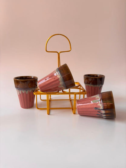 Studio Pottery Coffee Brown & Dark Blush Pink Tea Cup Set of 4 with Iron Stand