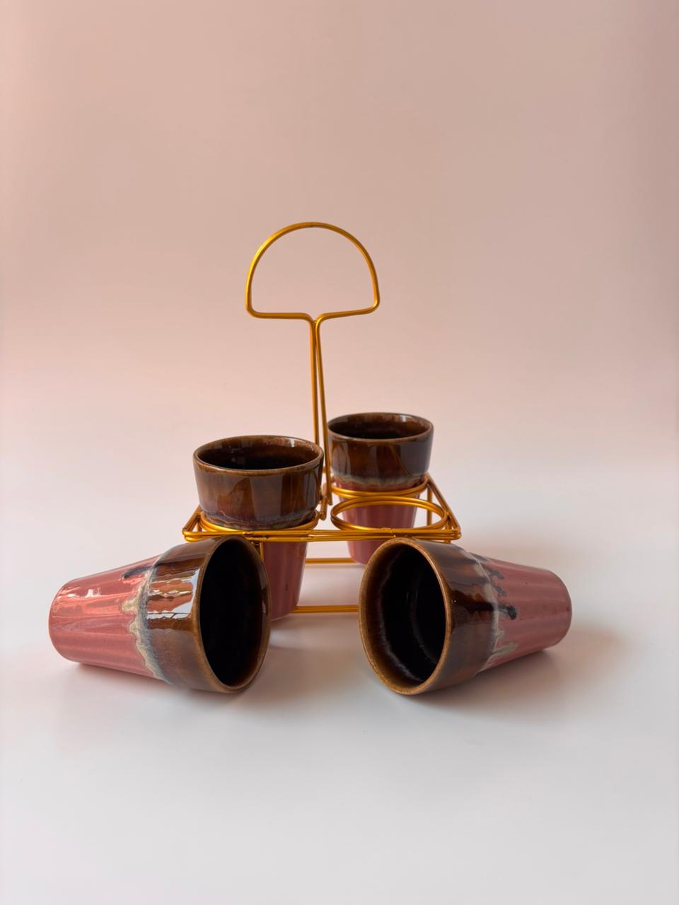 Studio Pottery Coffee Brown & Dark Blush Pink Tea Cup Set of 4 with Iron Stand