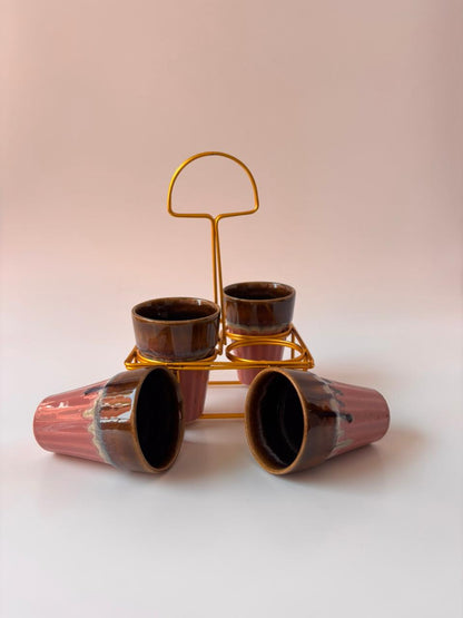 Studio Pottery Coffee Brown & Dark Blush Pink Tea Cup Set of 4 with Iron Stand