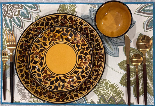 Mustard Floral Vine Handcrafted Ceramic Dinner Set( Set of 3)
