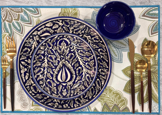 Indigo Bloom Hand-Painted Ceramic Dinner Set – 3 Pcs