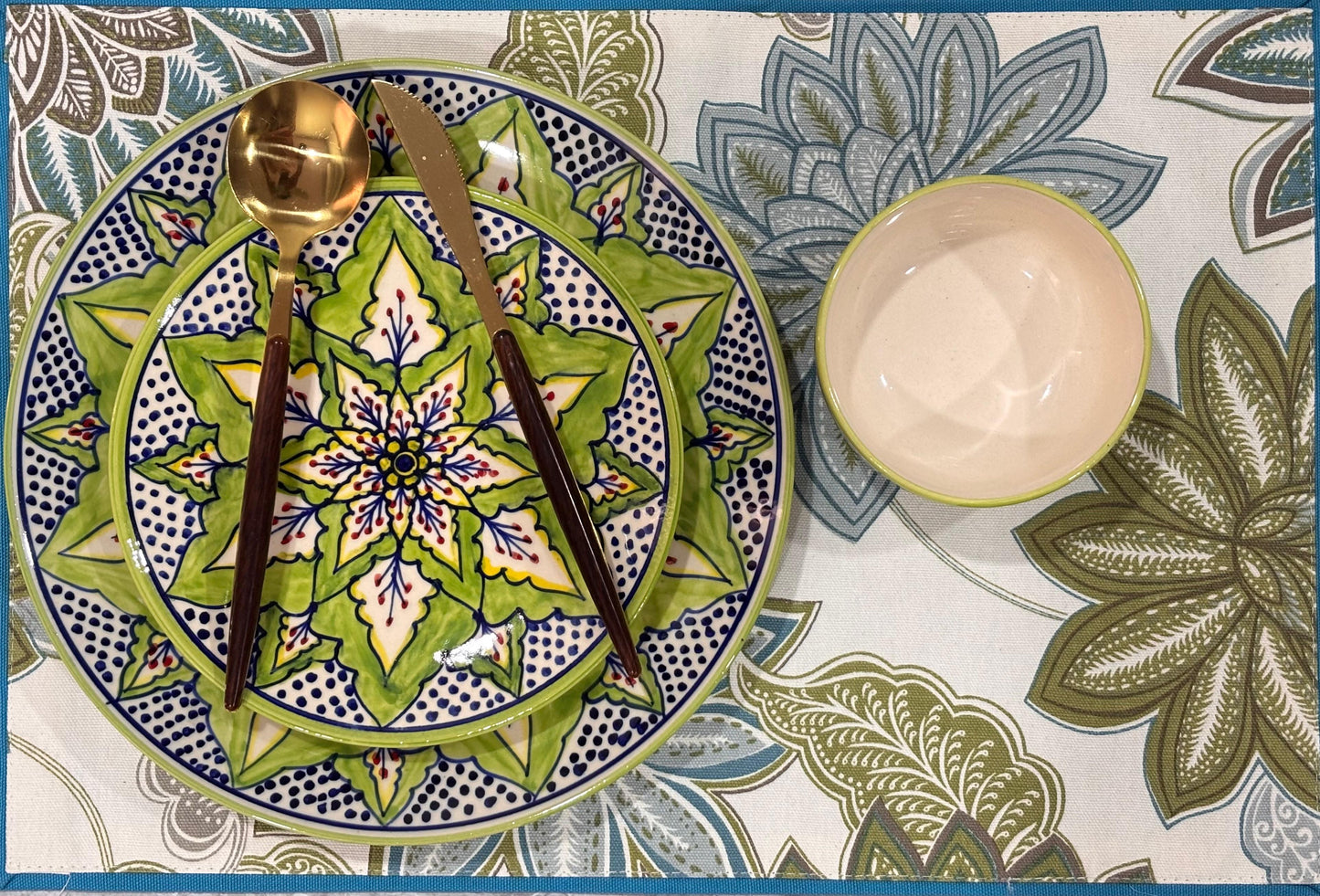 Green Mandala Hand-Painted Ceramic Dinner Set – 3 Pcs