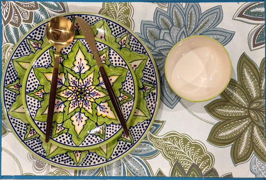Green Mandala Hand-Painted Ceramic Dinner Set – 3 Pcs