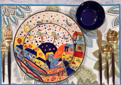 Colorful Village Hand-Painted Ceramic Dinner Set( Set of 3)