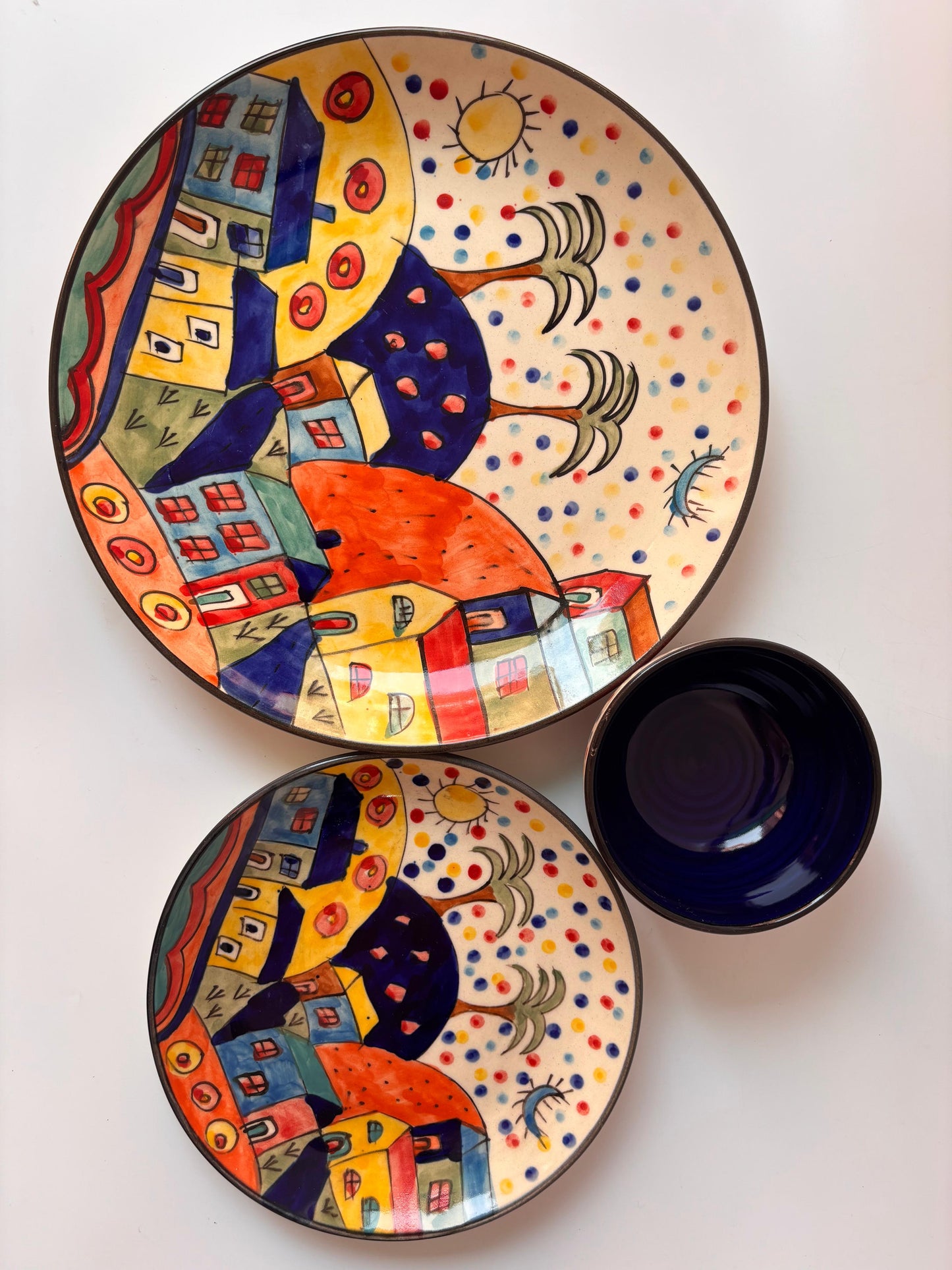 Colorful Village Hand-Painted Ceramic Dinner Set( Set of 3)