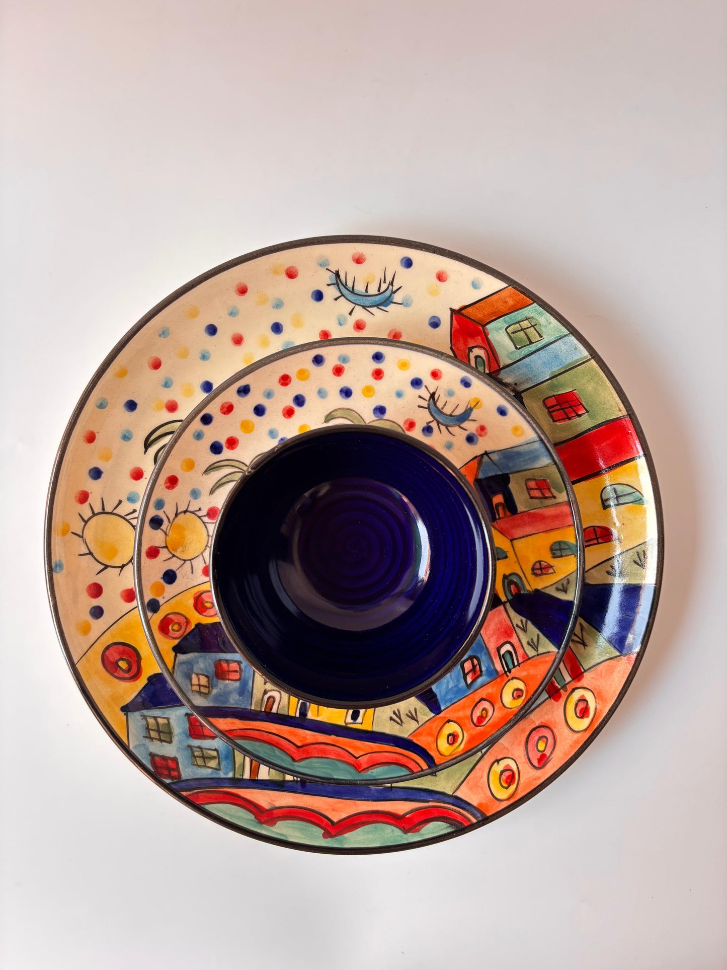 Colorful Village Hand-Painted Ceramic Dinner Set( Set of 3)