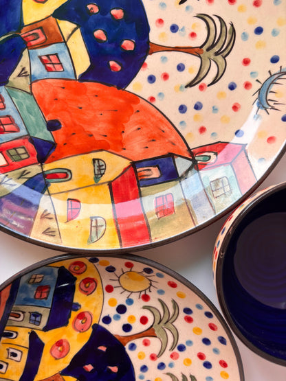 Colorful Village Hand-Painted Ceramic Dinner Set( Set of 3)