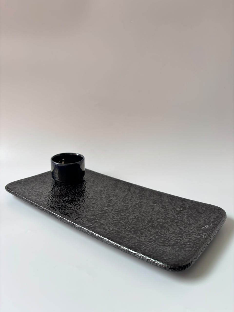 Premium Textured Black Ceramic Sushi Serving Platter with Dip Bowl