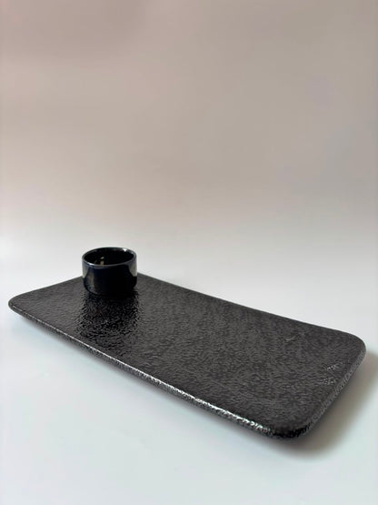 Premium Textured Black Ceramic Sushi Serving Platter with Dip Bowl