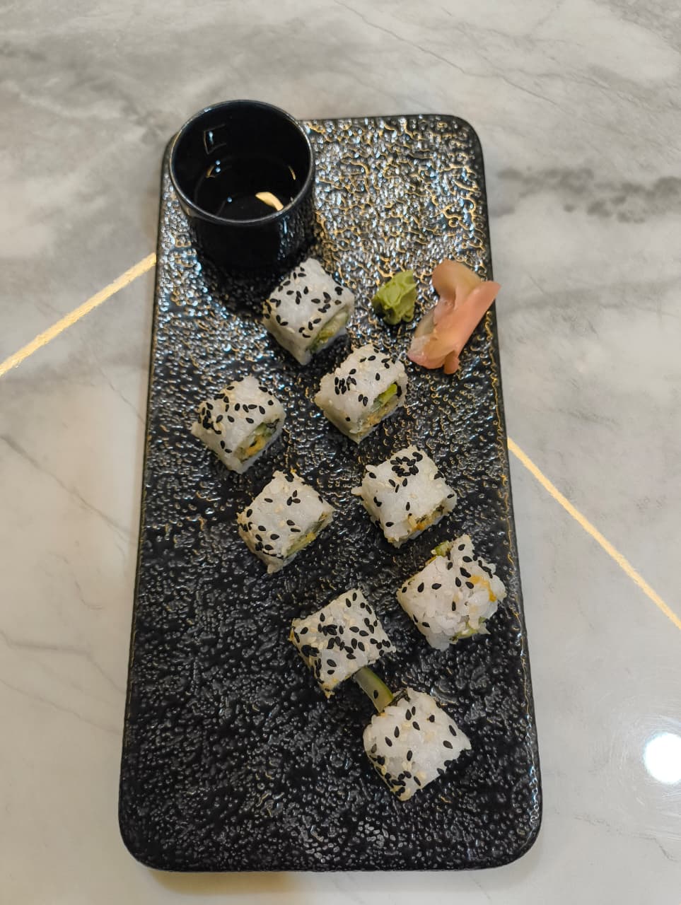 Premium Textured Black Ceramic Sushi Serving Platter with Dip Bowl