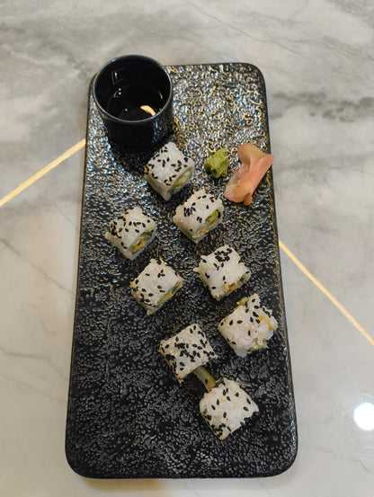 Premium Textured Black Ceramic Sushi Serving Platter with Dip Bowl